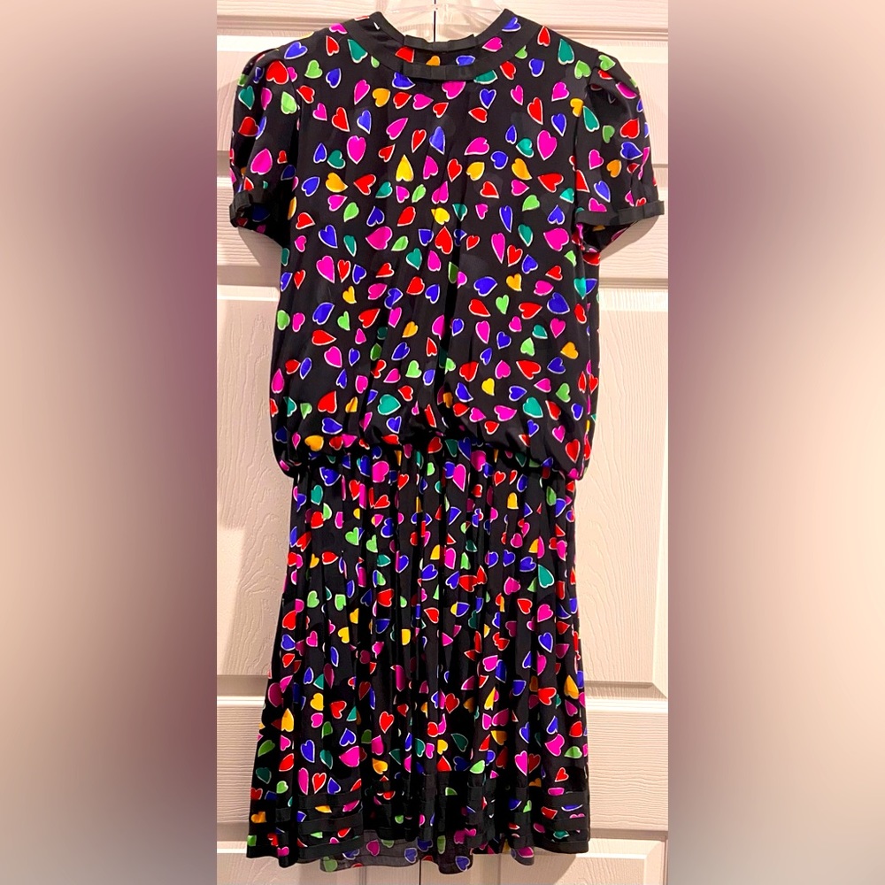 Vintage Albert Nipon Puff Sleeve Colorful Multi-color Heart Dress
